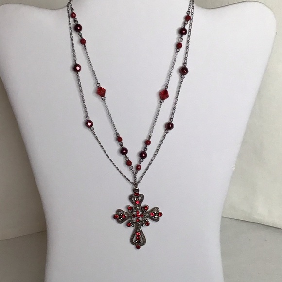 New York & Company Jewelry - Elegant Red and Silver Cross Pendant Necklace